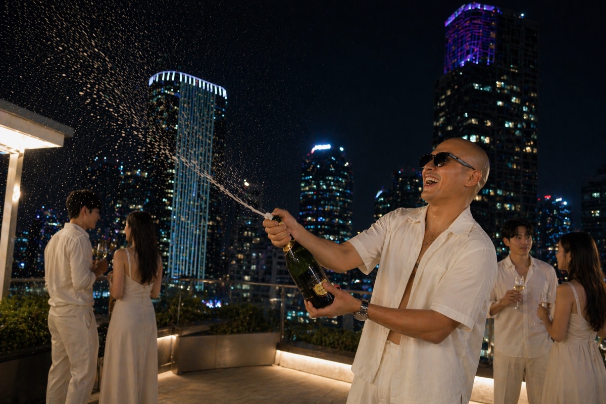 Cream suiting and a champagne pop on a rooftop at night