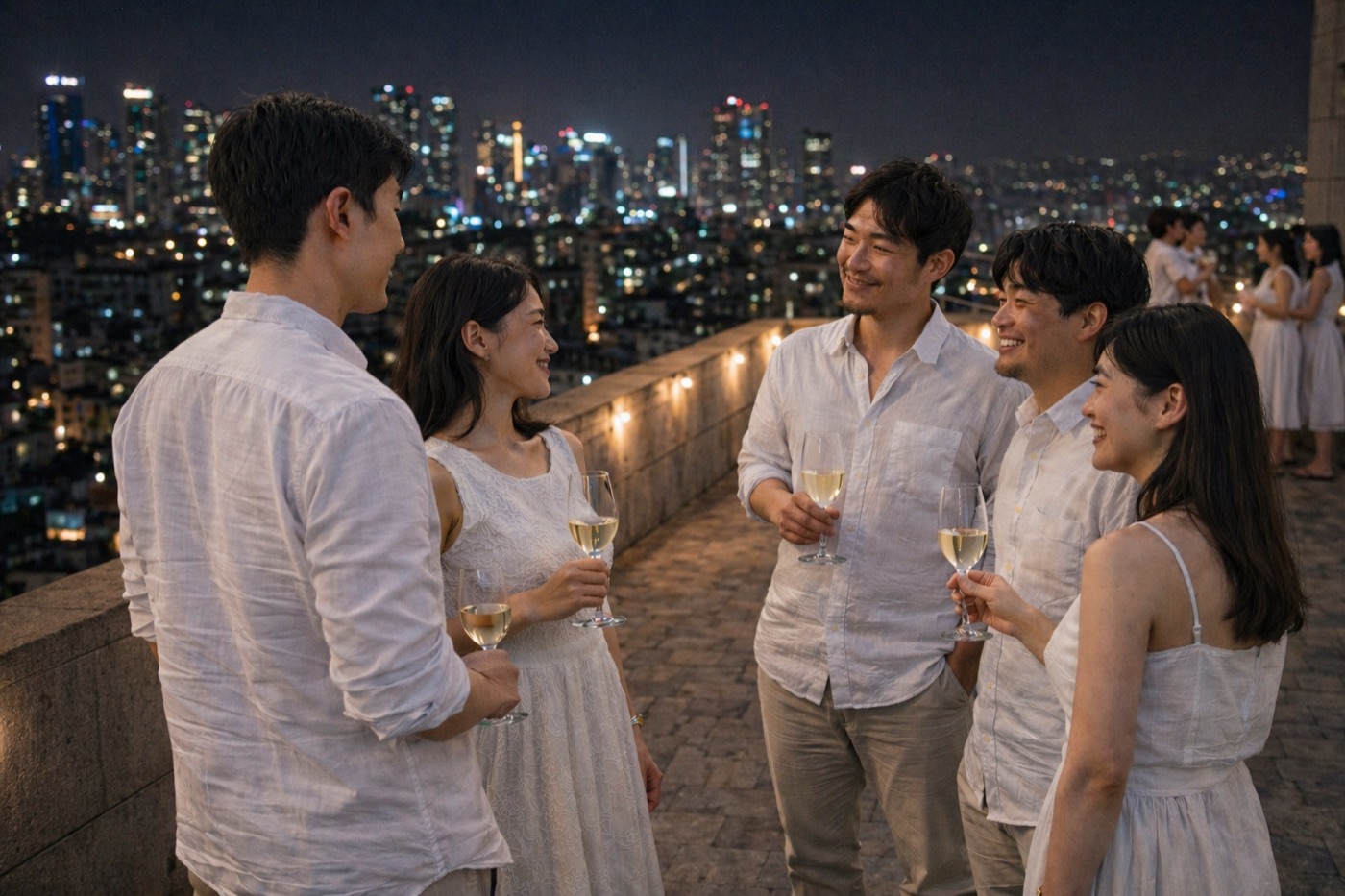 Guests in white on a Seoul rooftop at night